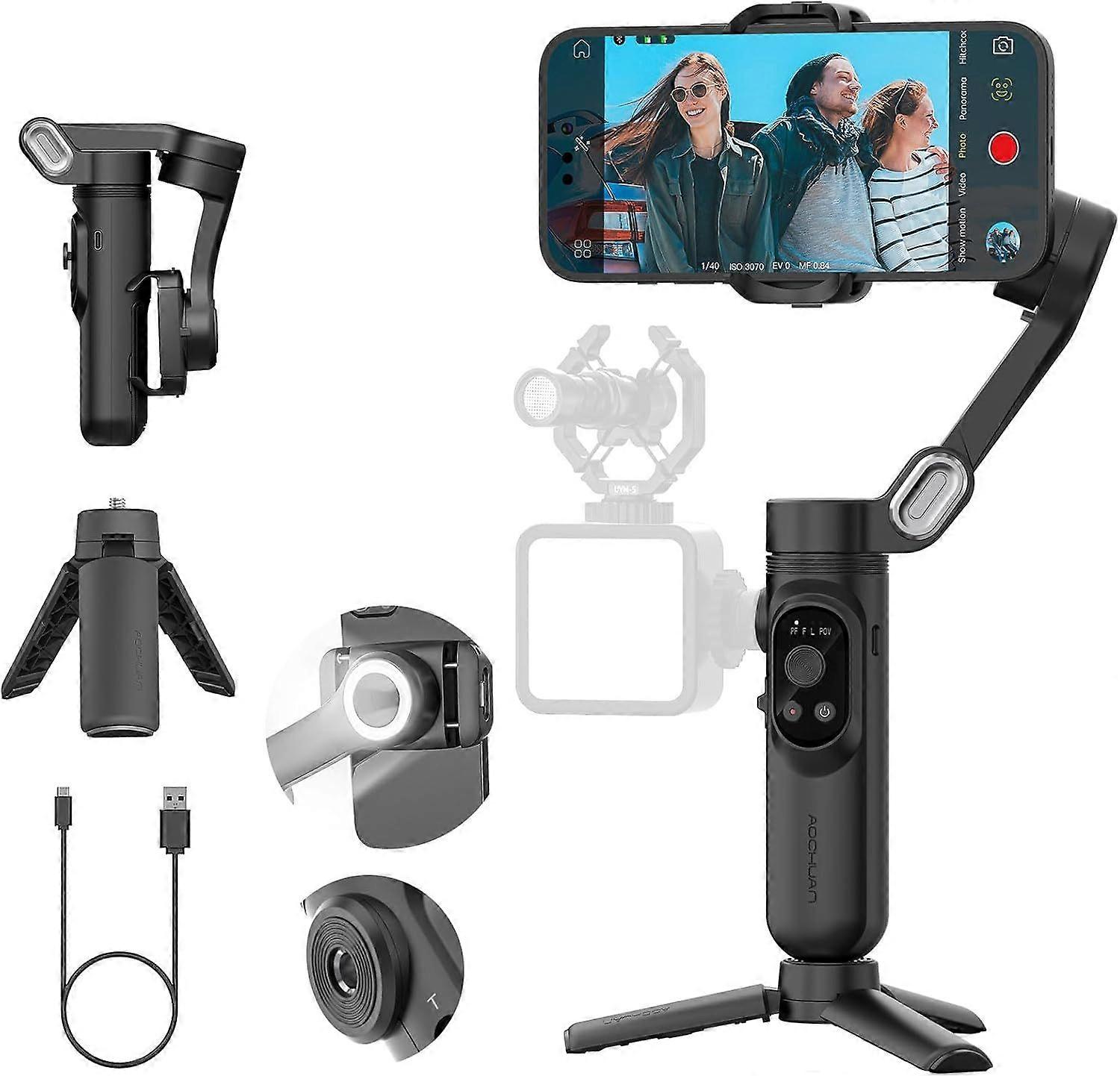 3-axis gimbal stabilizer for iPhone 15/14/13 Pro Max Android, foldable smartphone gimbal, built-in fill light, 1/4 thread, professional anti-shake