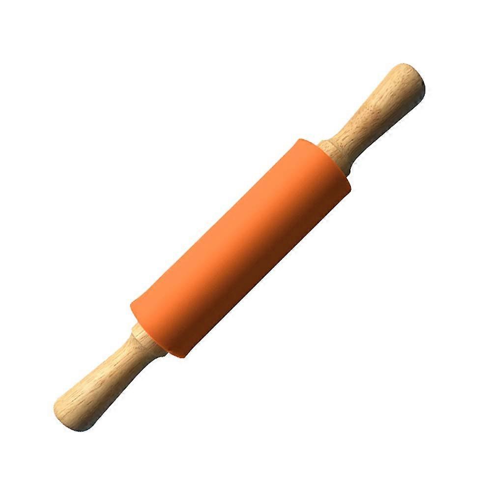 Silicone Rolling Pin 1Piece 9Inch Nonstick With Wooden Handle Orange For Pizza Tortilla Dough Baking