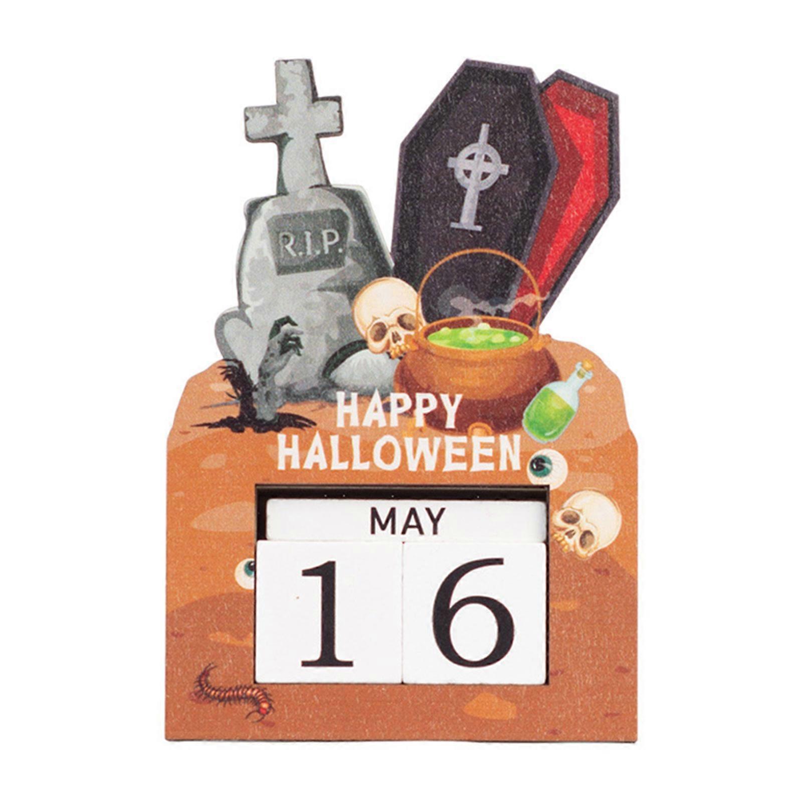 Natural Wood Block Display Countdown Calendar Halloween Decoration Handcrafted Home Accent For Desk Shelf Display Gift Multicolor