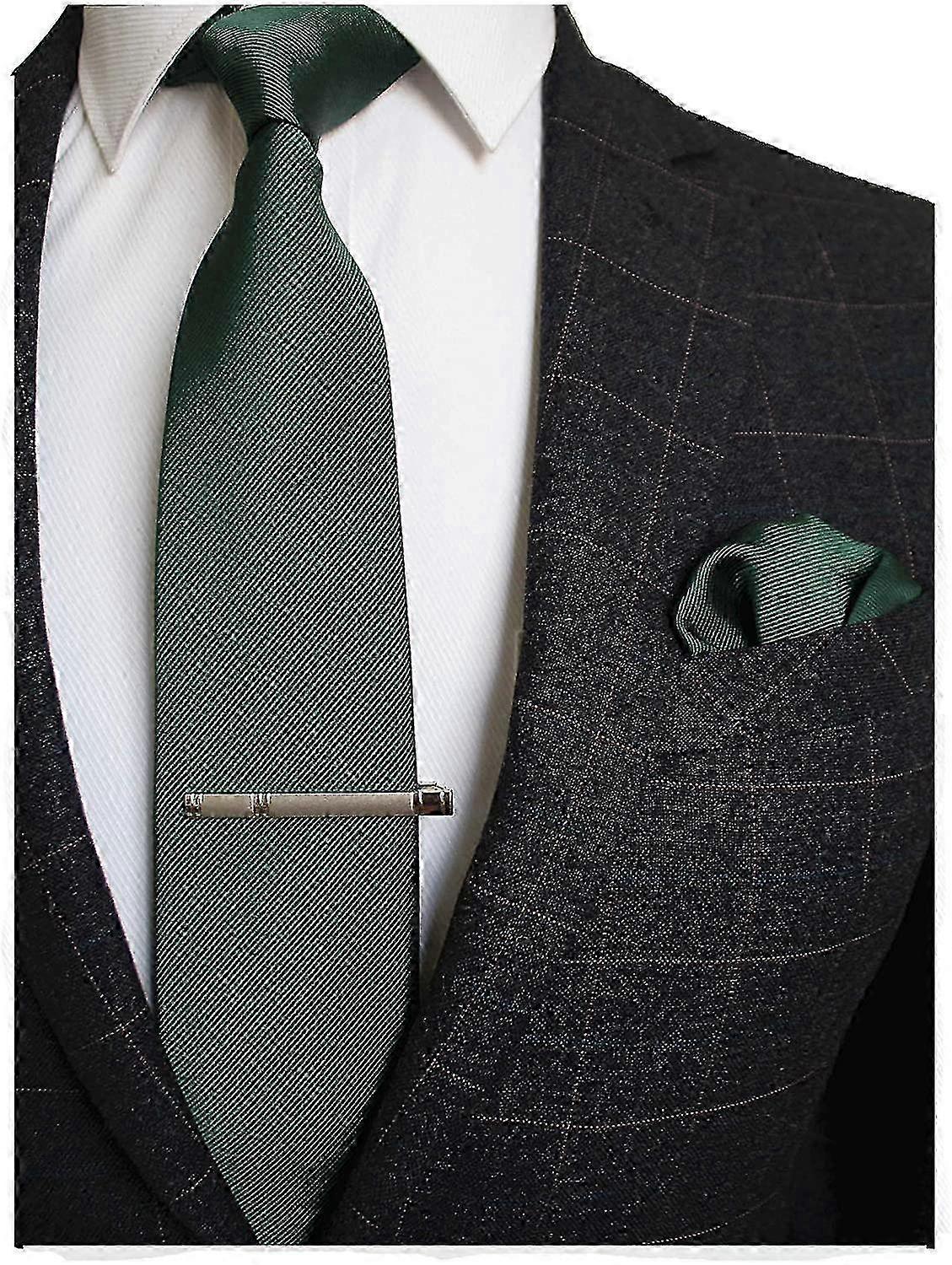 Dark Green Men's Necktie Set Includes Pocket Square & Clip