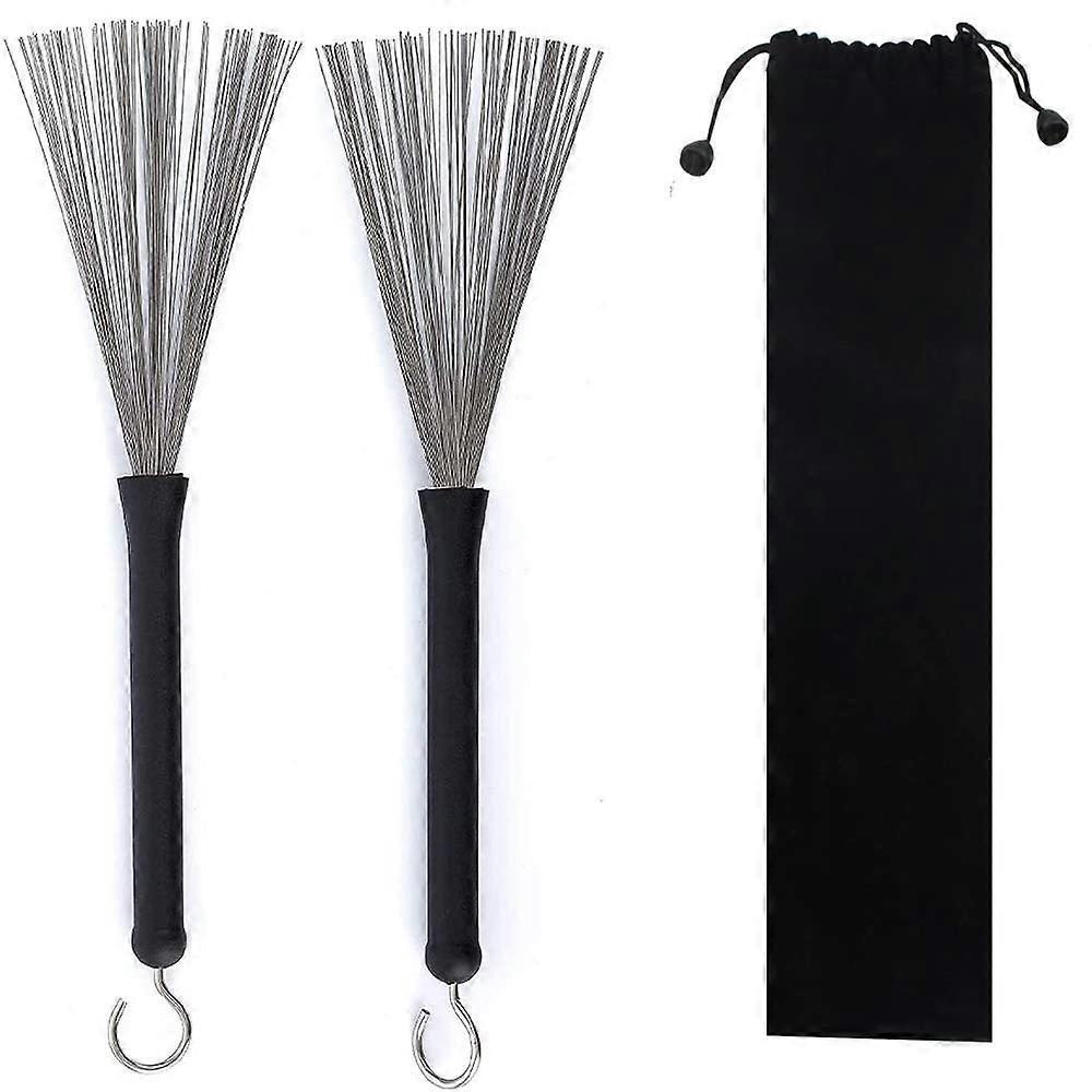 Retractable Drum Wire Brushes Set of 2 with Rubber Handles for Jazz Rock Folk Drummers