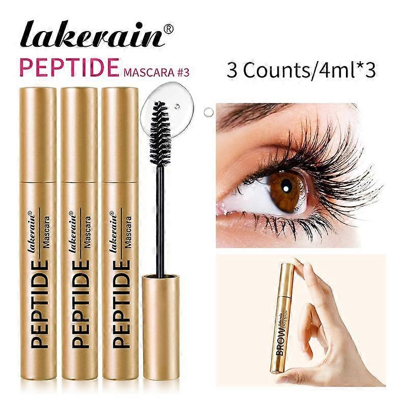 3 Counts Peptide Mascara, Lengthening & Volumizing Waterproof Mascara, Smudge-Proof, Clump-Free, Flake-Resistant Wear, Sweat for All-Day Flu