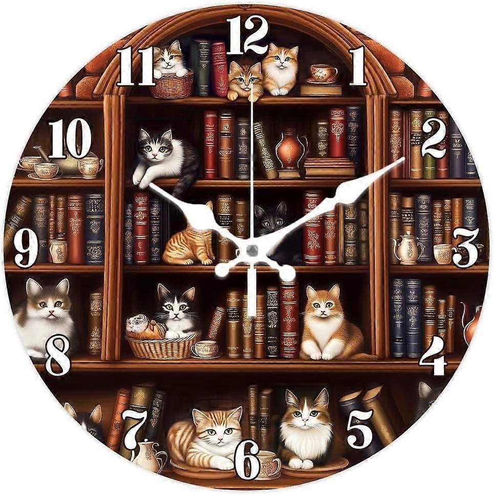 Vintage Bookshelf Wall Clock Cat Non-Ticking Clock 12 Inch Round Decorative Clocks Printed Wall Clock for Home Office Decoration