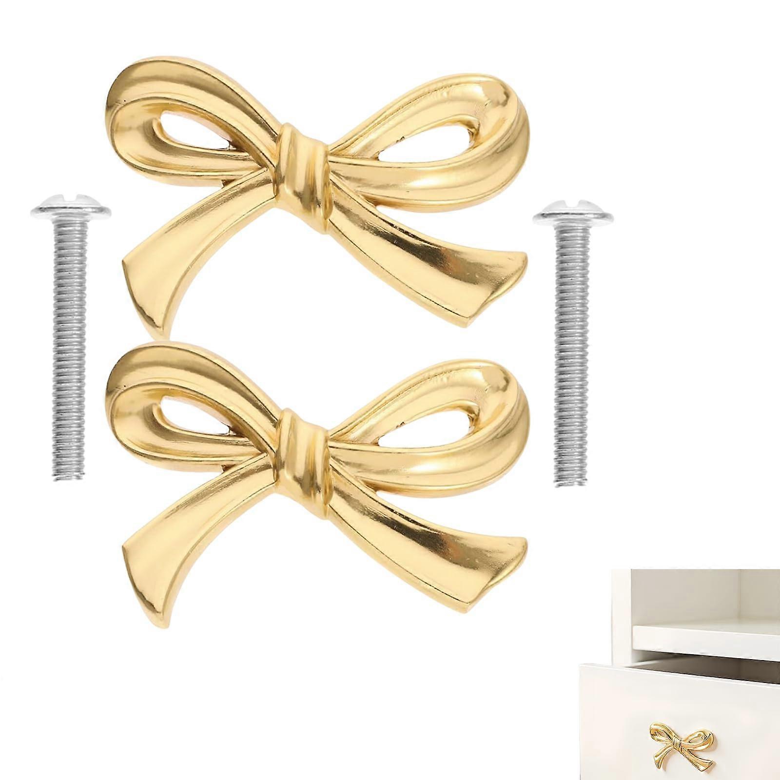 Gold Cabinet Knobs Bow Shape Solid Brass Drawer Pulls for Dresser Wardrobe Cupboard 2 Pack