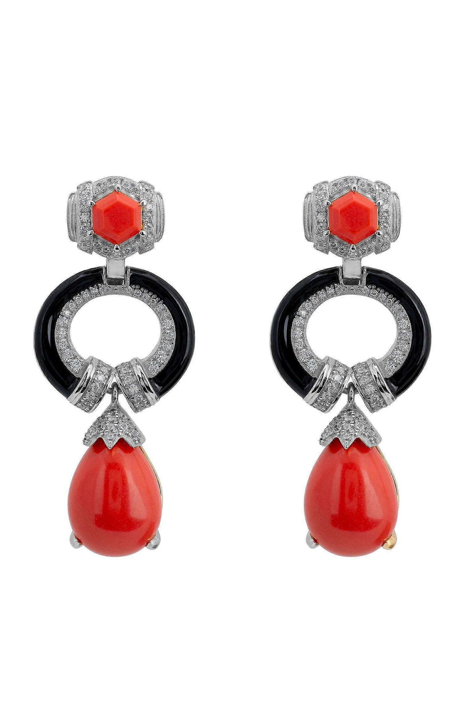 Clara Bow Coral & Enamel Drop Earrings Silver