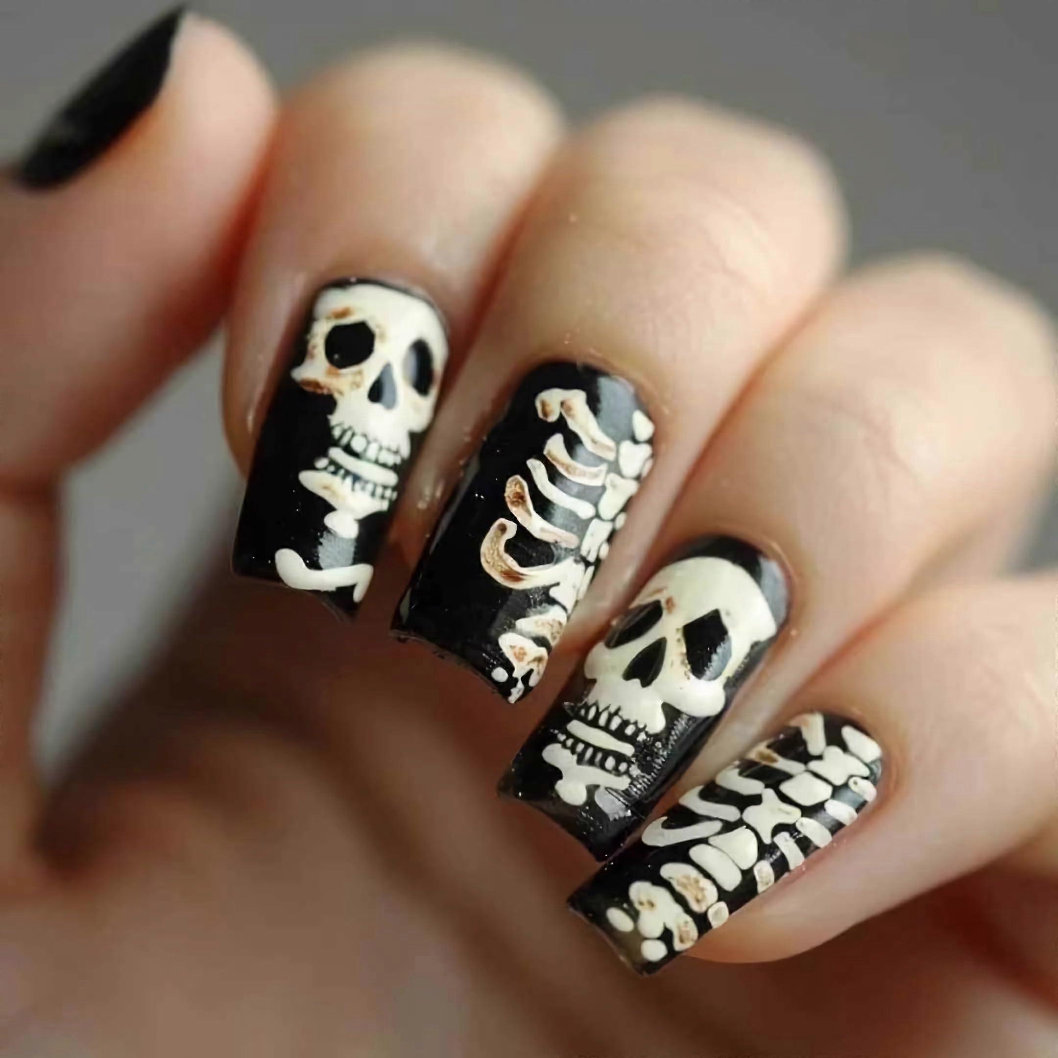 Black Gothic Press On Nails Medium Square Skull Design Acrylic False Nails with Glue 24pcs