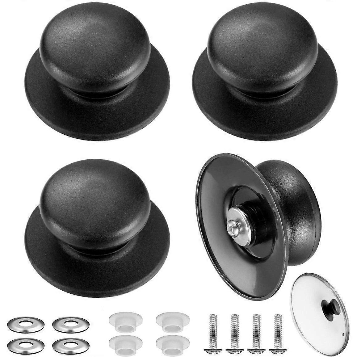 Set of 4 easy-to-install universal replacement knobs for pot lids, pot handles, lid knobs, and pan lid knobs.