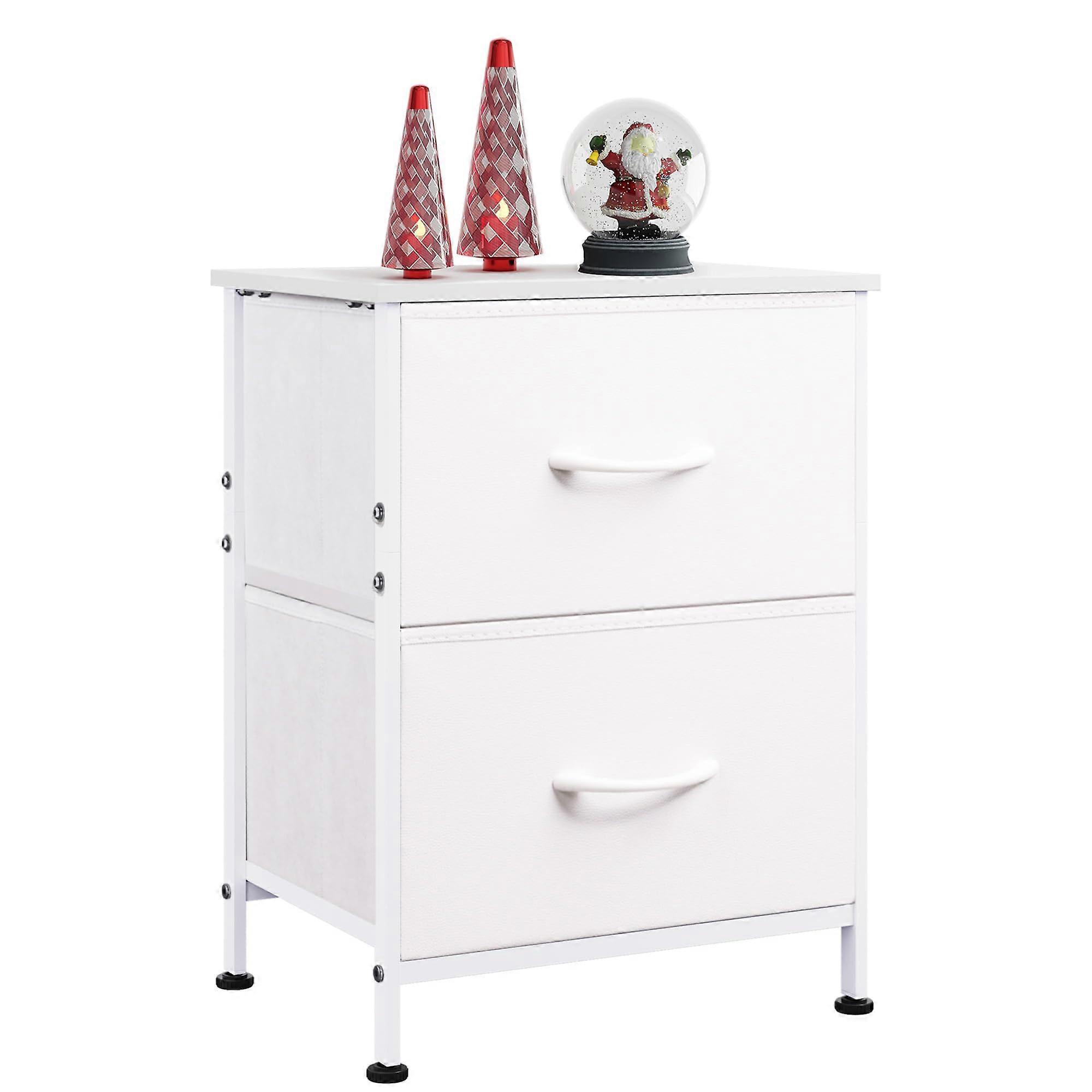 White Nightstand with Fabric Drawers, Compact Bedside Table with Storage for Bedroom or Dorm