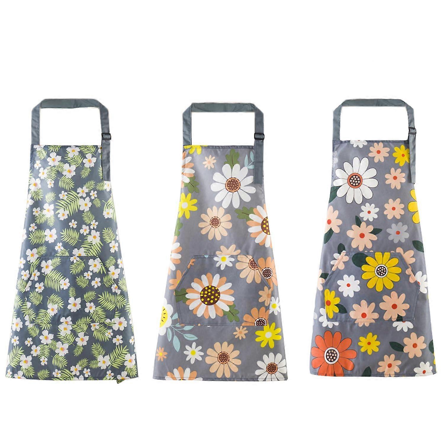 3 Pack Womens Waterproof Cooking Aprons with Pockets, Adjustable Floral Kitchen Aprons for Baking