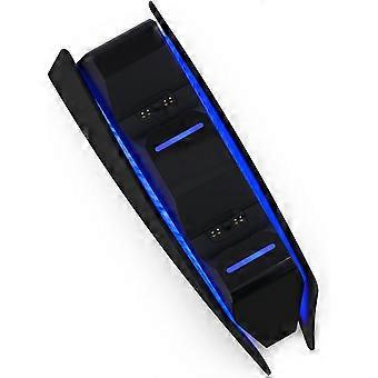 Base de carregamento dupla preta com indicador azul, compatível com controles de jogos padrão, carregamento rápido.