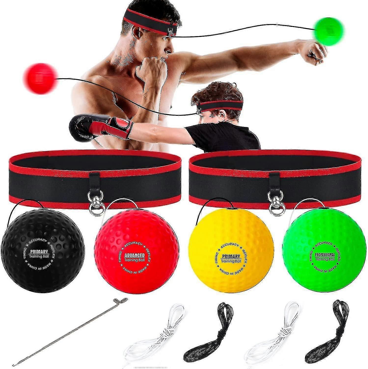 Boxing Reflex Ball Set - 4 Difficulty Level Reflex Balls, 2 Adjustable Headbands, Great For Increasing Punch Speed