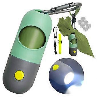 Distributeur de sacs à déjections canines avec lampe torche LED intégrée et clip métallique pour laisse. Chaque distributeur contient 15 sacs à déjections canines (1 vert menthe).
