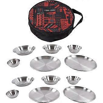 12pcs Camping Dish Set,Stainless Steel Camping Plates Bowls Set with Storage Bag for Outdoor Hiking Camping