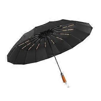 Automatic Folding Umbrella 32 Bone Windproof Compact Design with Wooden Handle for Business Travel Black