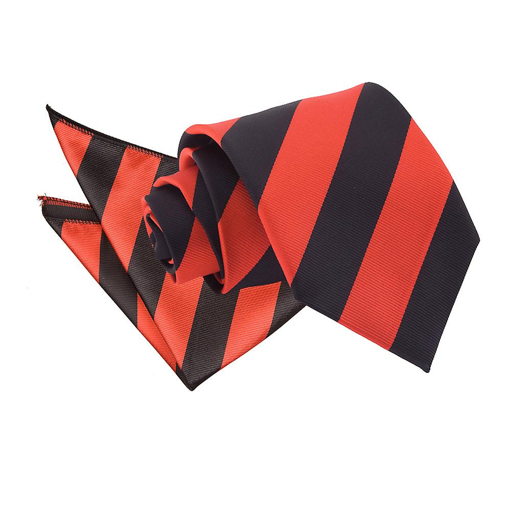 Red and Black Striped Tie and Pocket Square Set