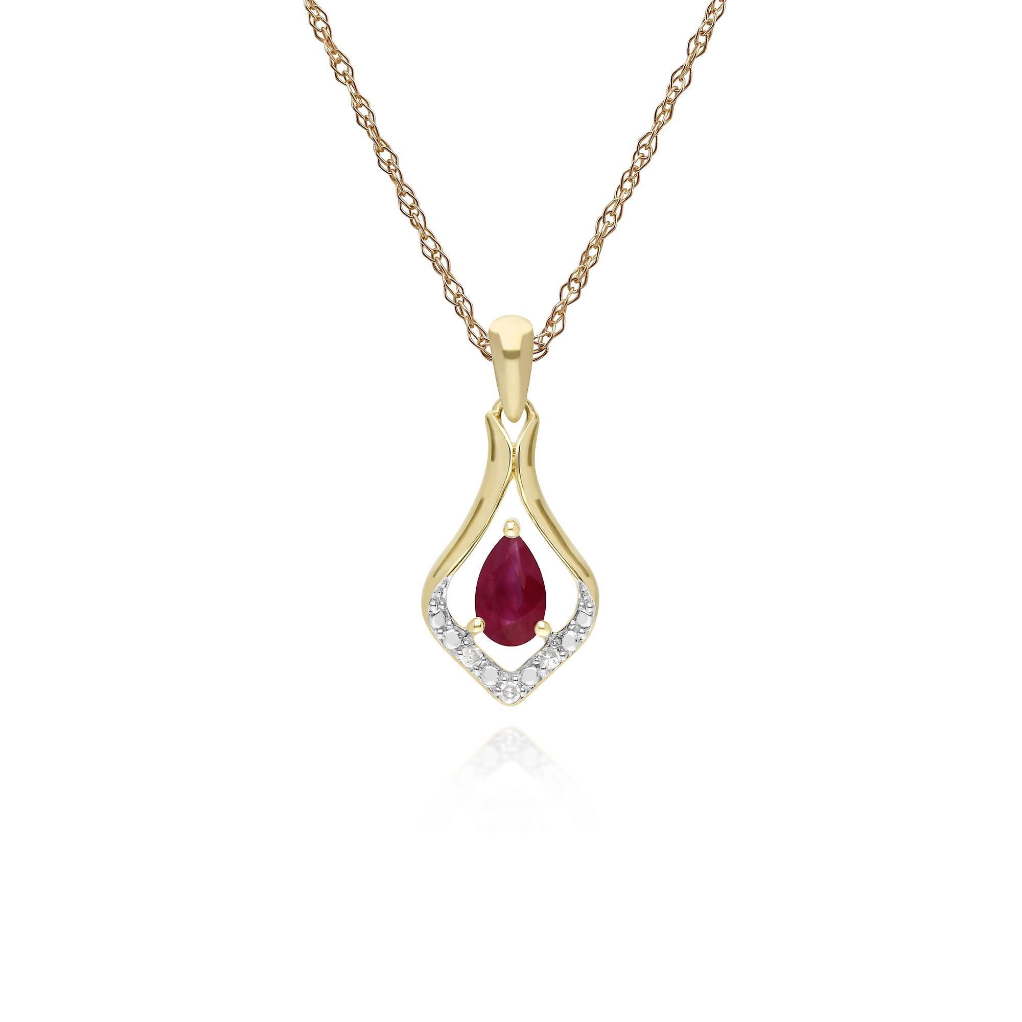 Collier Pendentif Classic Pear Ruby & Three Diamond Leaf Halo en or jaune 9ct 135P1915019