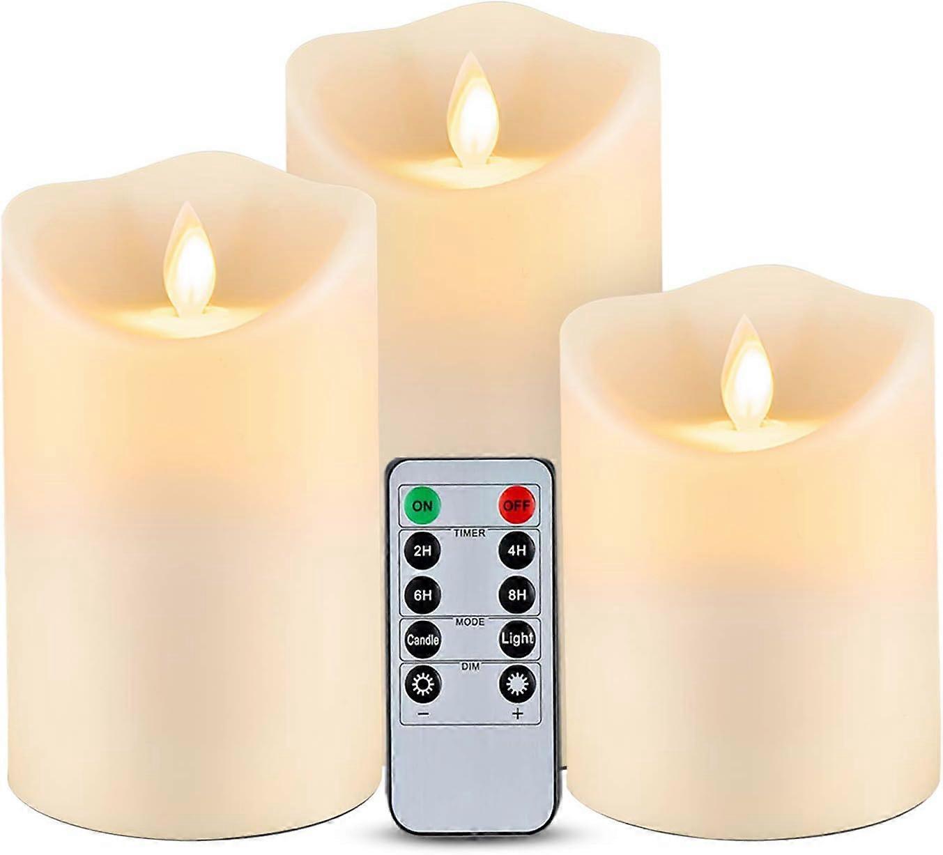 Set of 3 Flickering Flameless Candles, Outdoor Indoor Operated LED Candles with Remote Timers, Won't Melt, Moving Flame