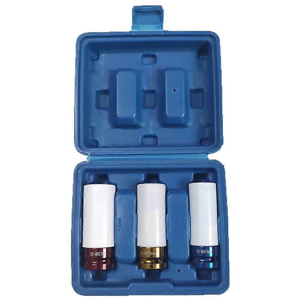 3Pcs Auto Car 1/2" 17mm/19mm/21mm Tire Protection Sleeve Wall Deep Impact Wheel Nut Socket Set No.28585