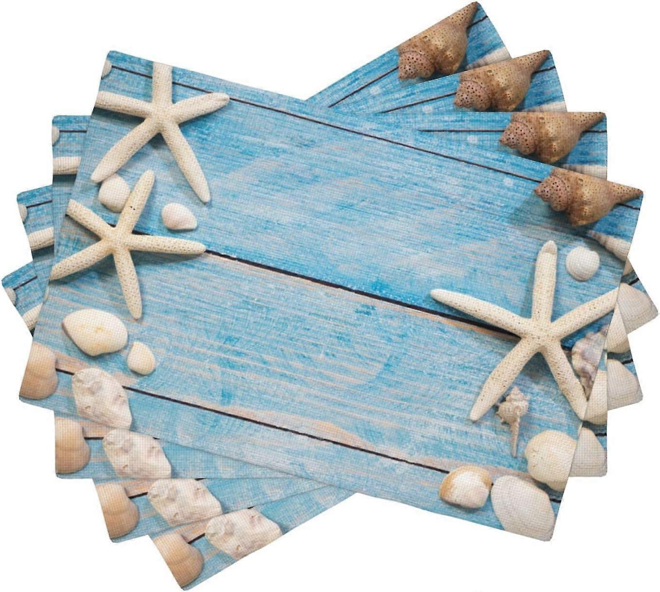 Summer Beach Place Mats for Kitchen Dresser Scarves Beach Theme Cotton Linen Seashells Starfish Blue Rustic Wood Table Setting Dinner Mats Set of 4 fo