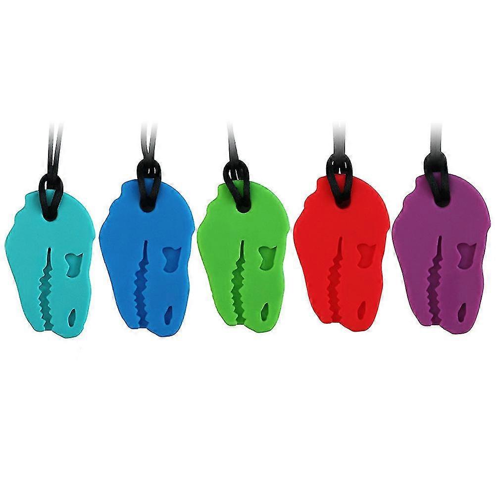 قلادة مضغ حسية - 5 قطع ألعاب مضغ ديناصور سيليكون للأطفال والكبار - درجة طعام جيدة