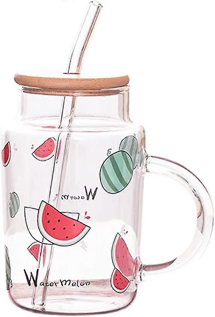 Tasse en verre transparent avec couvercle et paille, tasse de jus en verre de 15 oz, motif de pastèque mignon