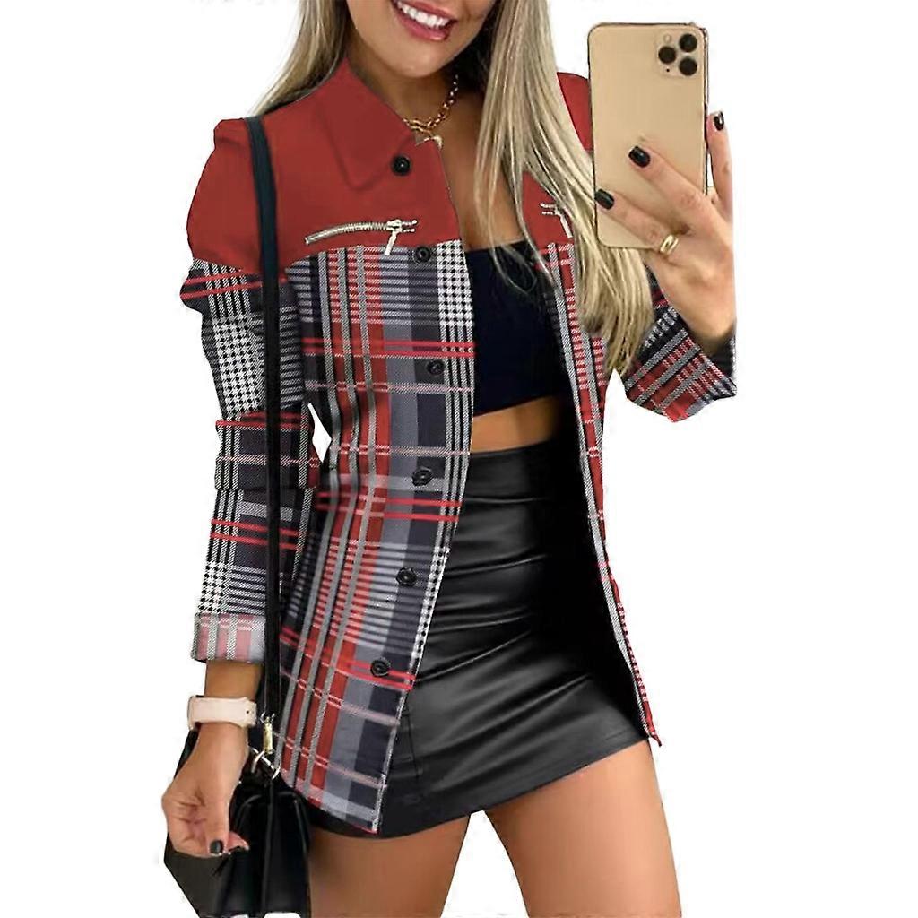 Long Sleeved Coat Zipper Color Matching Printed Lapel Style Commuting Jacket