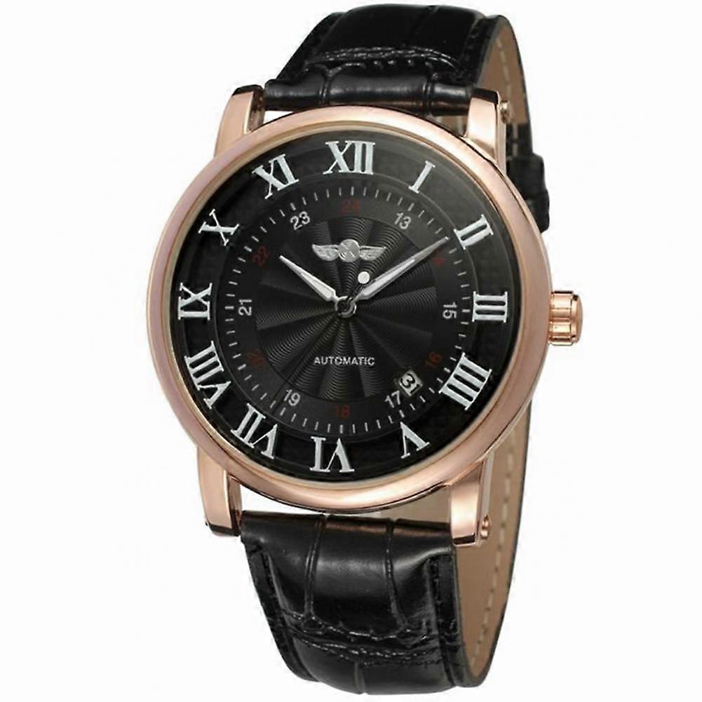 Winner Men Casual Simple Round Dial PU Strap Mechanical Movement Watch (Black+Rose Gold)