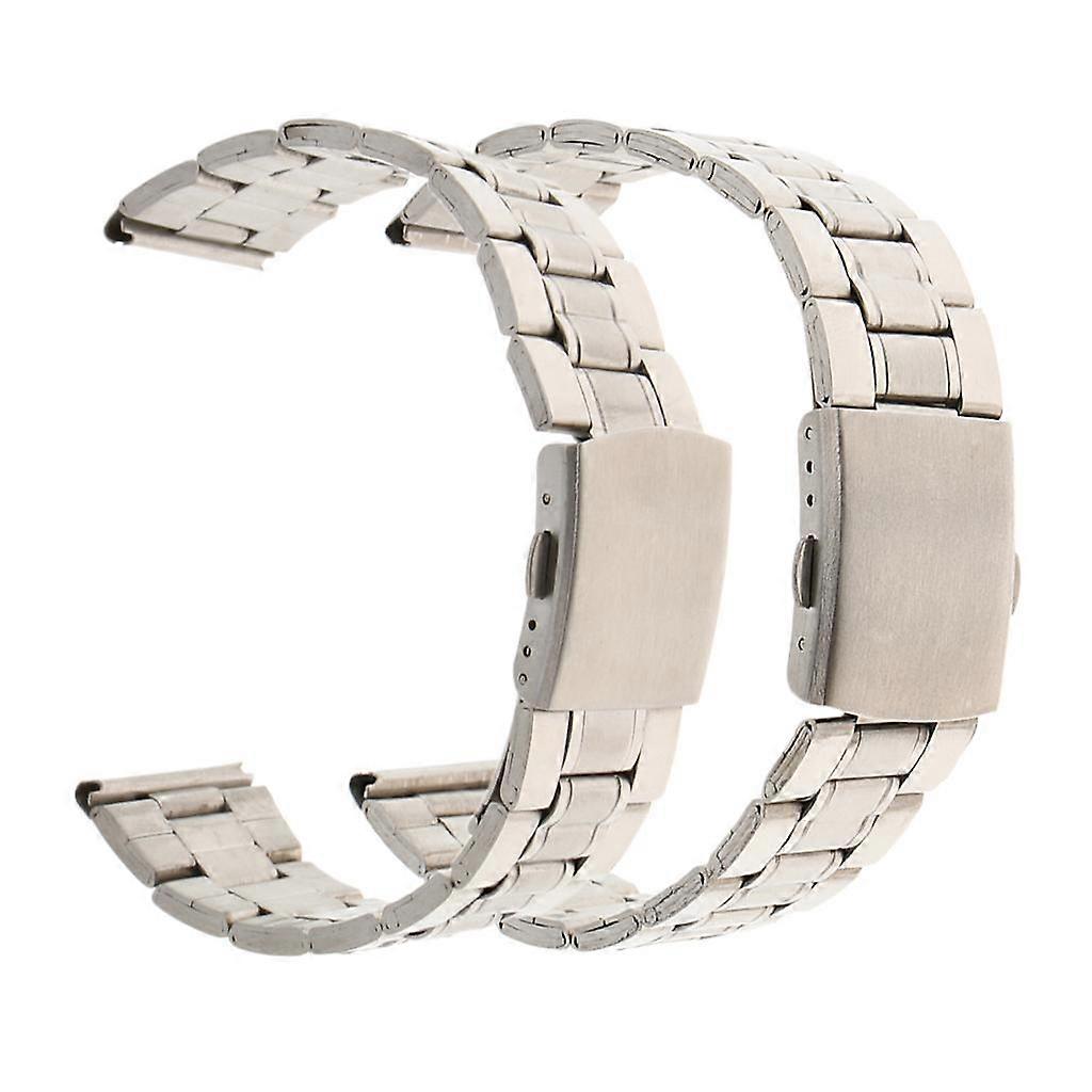 2pcs Men Watch Band Solid Stainless Steel Strap Silver Folded Clasp