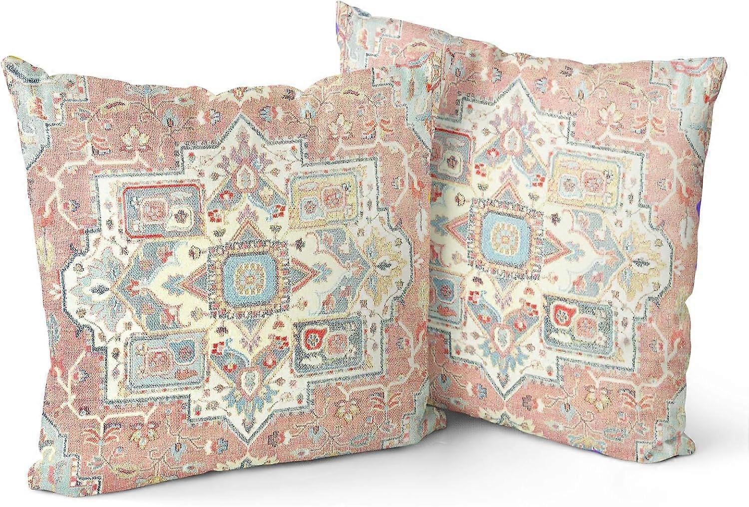 Conjunto de 2 Capas de Almofada Boho Rosa Azul 18"x18" Tapete de Mônaco Padrão Dupla Face Algodão Macio Capa de Almofada Fronha para Jardim