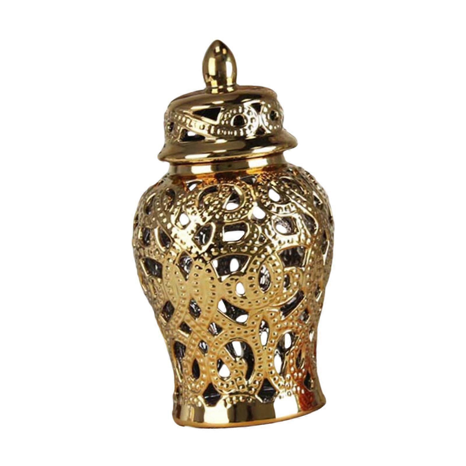 Porcelain Ginger Jar Vase Modern Hollow Temple Jar for Mantel Office Bedroom Gold