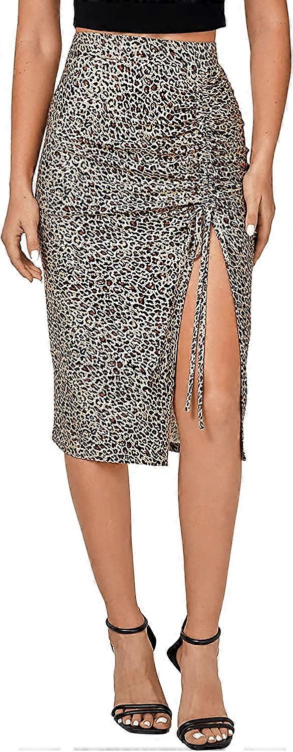 Women's Leopard Print Ruched Drawstring Split Summer Midi Skirt S-2XL