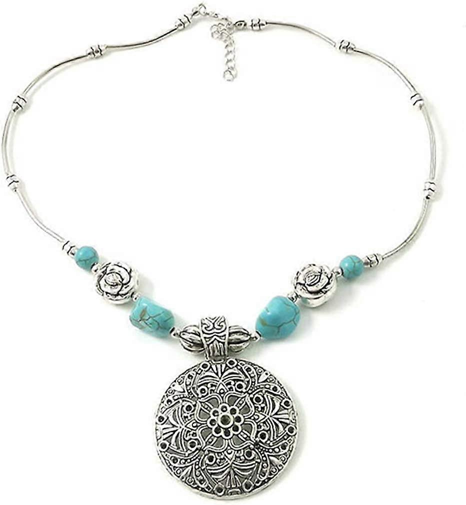 الرجعية نمط العرقية قلادة الفيروز الكلاسيكية قرص منحوتة زهرة قلادة الترقوة سلسلة القلائد السيدات مجوهرات