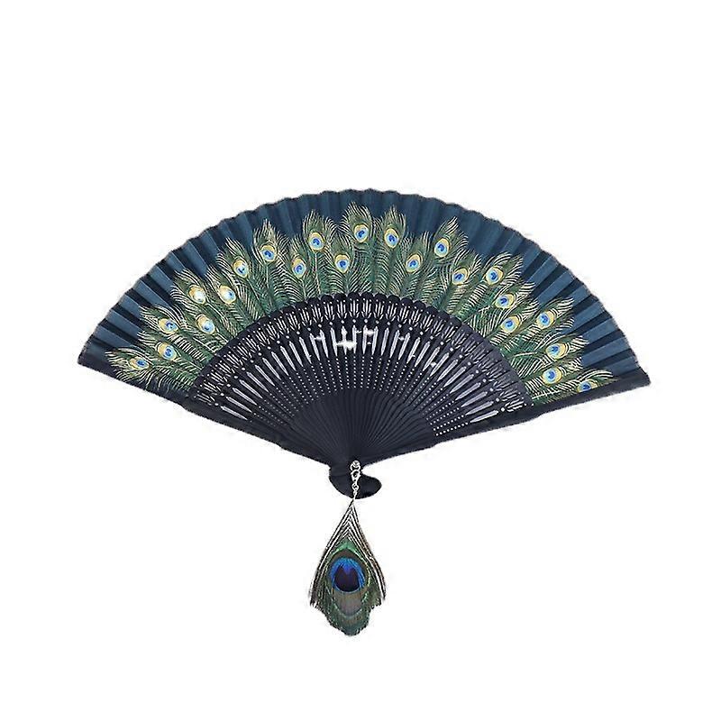 Folding Fan Black Bones Beautiful Peacock Pattern Antique Bamboo Hand Fan