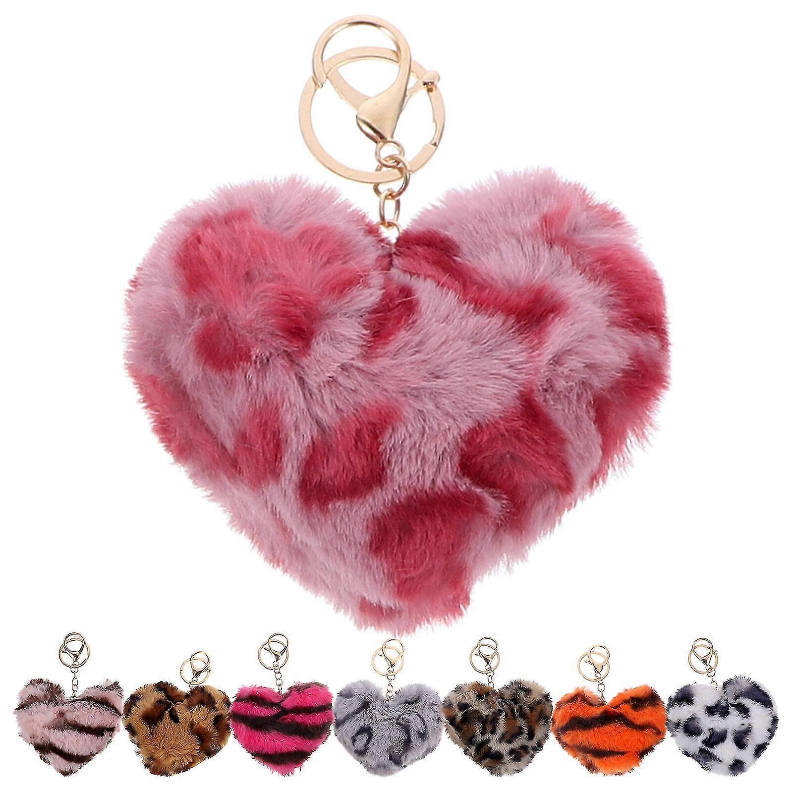 8pcs Heart Keychain Leopard Pattern Puff Ball Keychain Bag Charm Bag Pendant