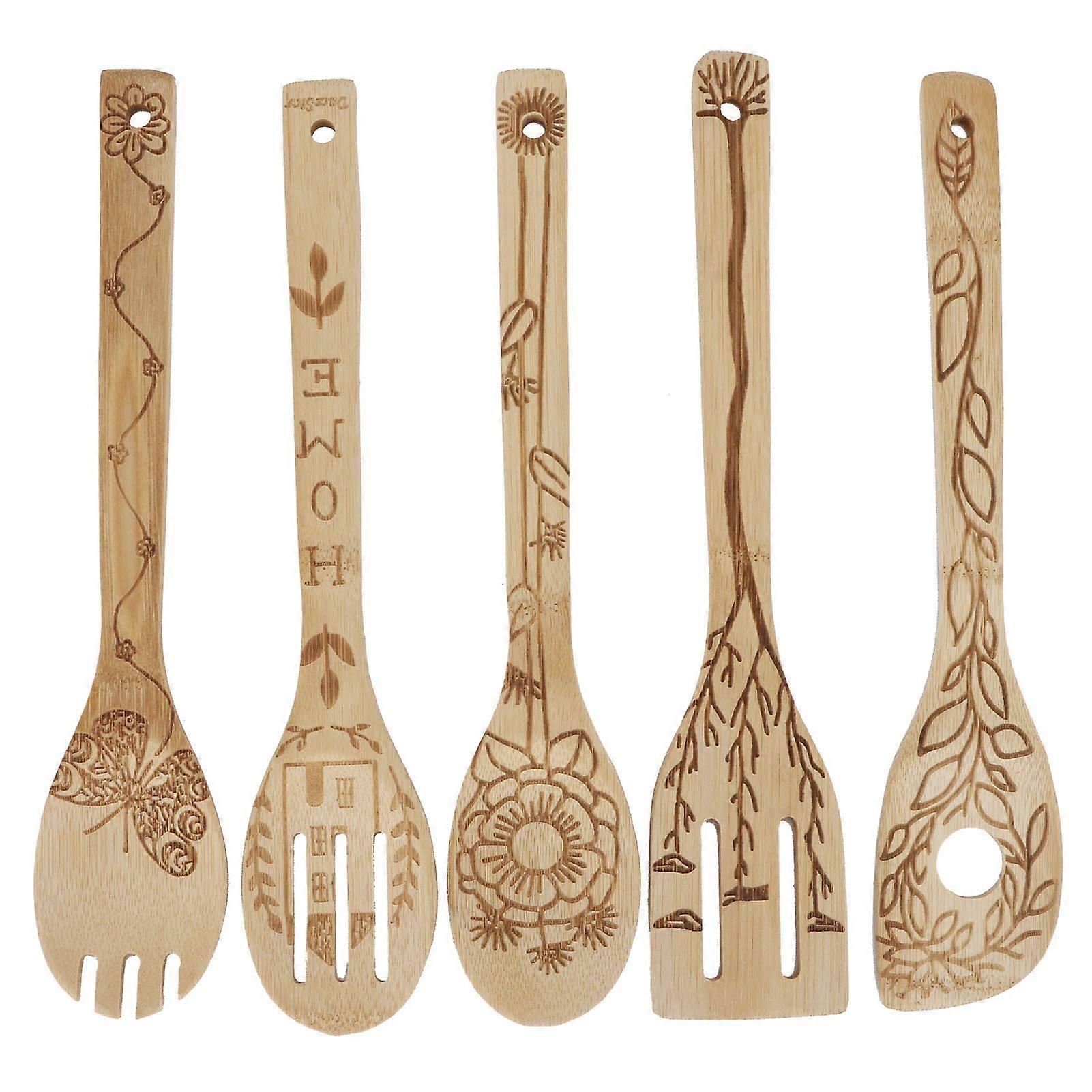 5 Piece Burned Wooden Carving Spoon Set for Kitchen Cooking