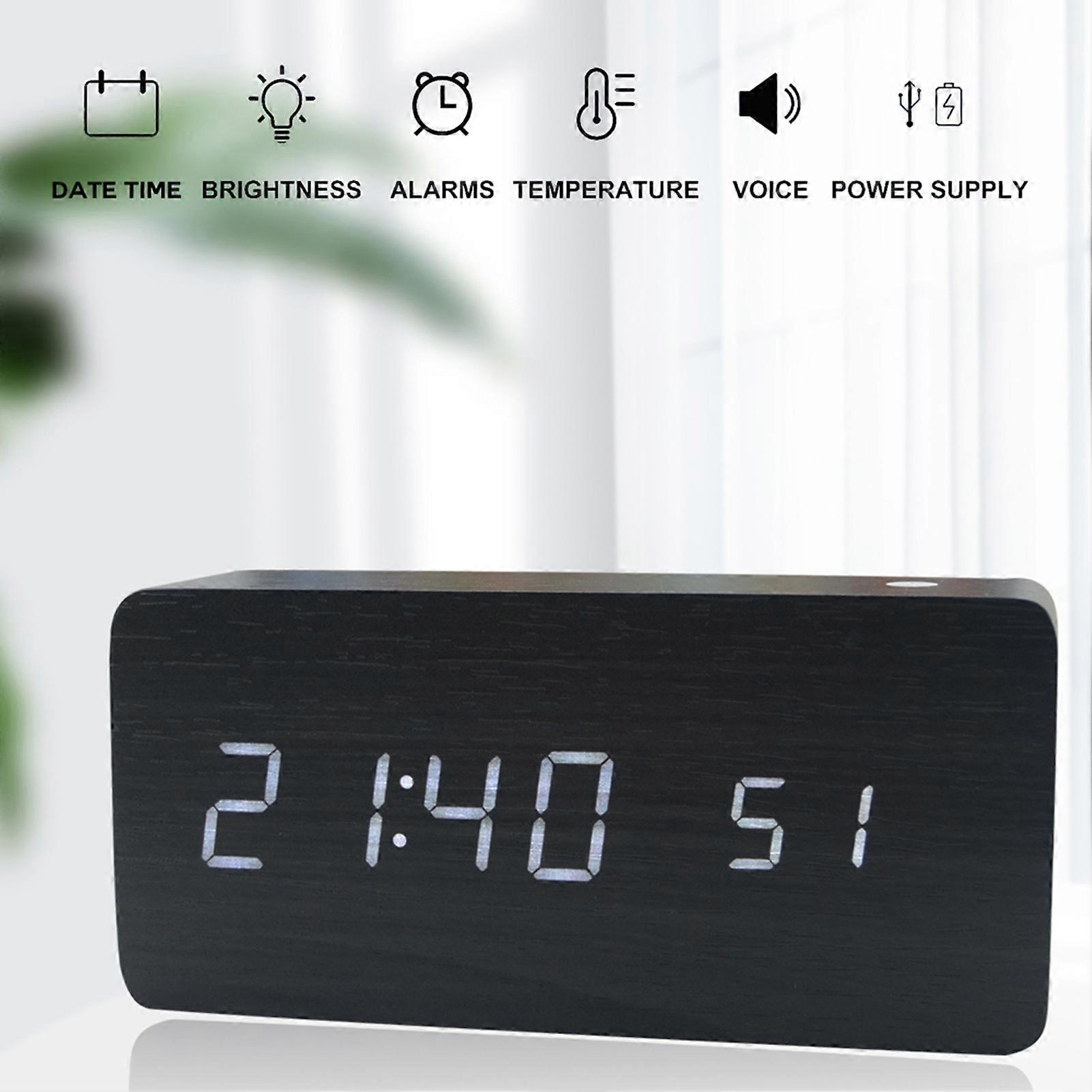 Wooden Digital Alarm Clock 8 Levels Adjustable Brightness Digital Clock with LED Time Date Temperature Display Sound Control Weekday Weekend Mode for