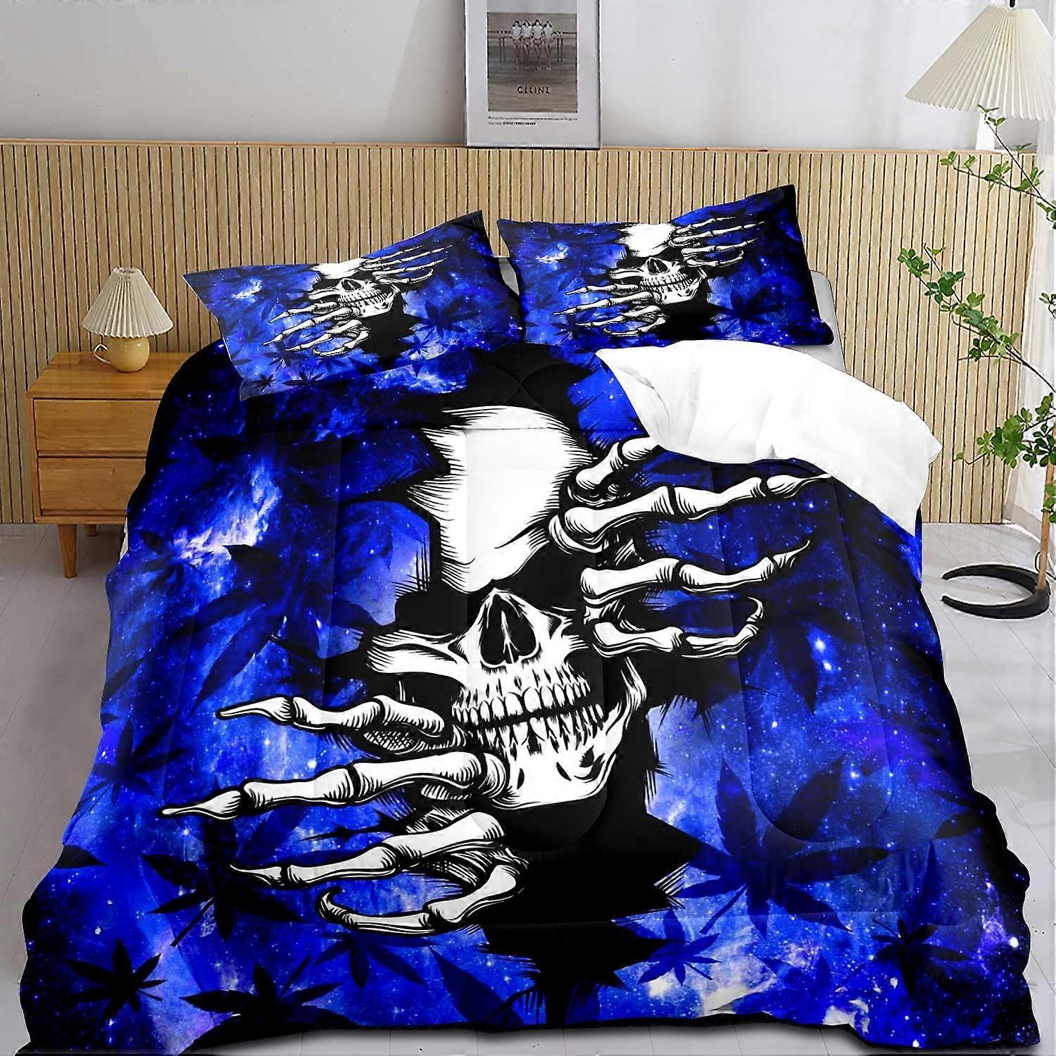 3 Piece Quilt Set Skull Blue Galaxy Starry Nebula Universe Outer Space Weed Leaf Cool Bedroom Decor Full Size