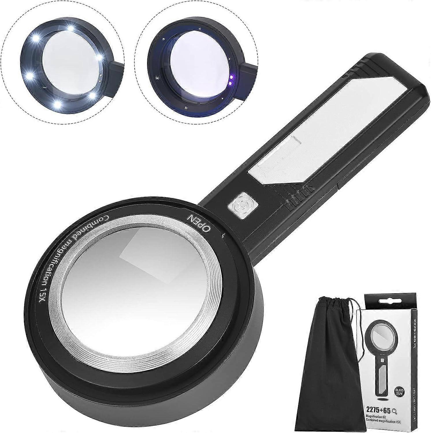 15x Magnifying Glass with 6 LED - Battery Operated Handheld Illuminated Magnifier Dual Lens