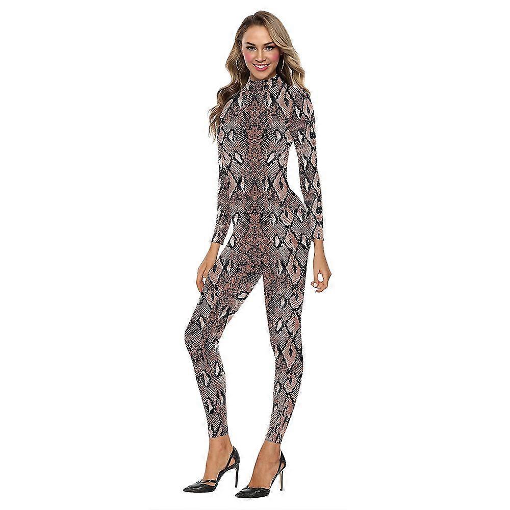 Womens Snake Print Jumpsuit Long Sleeve Bodycon One-Piece Stylish Animal Pattern Bodysuit for Night Out & Performances
