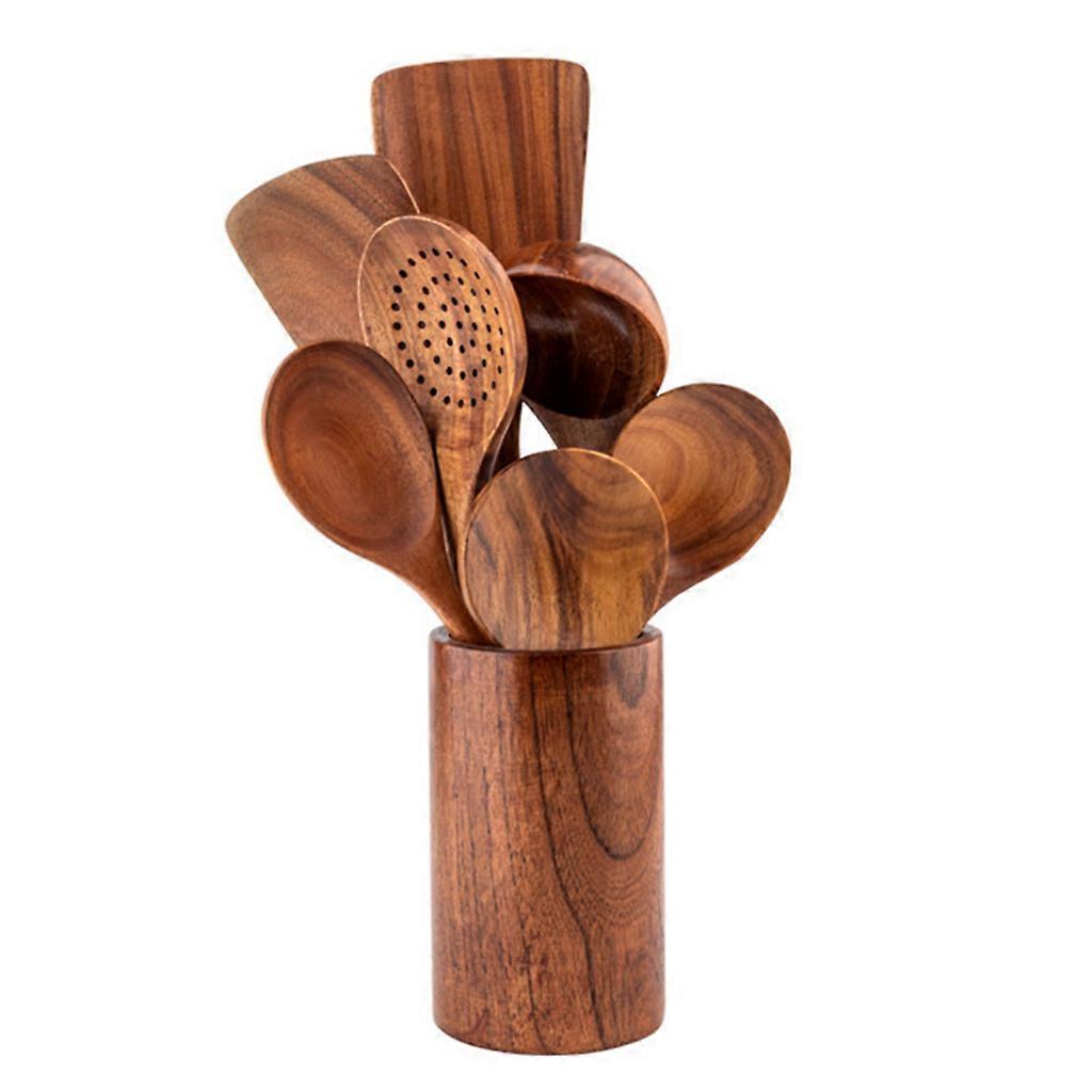8-Piece Wood Cookware Kitchen Utensil Set for Non Stick Cookware Wooden Spatula Fork Turner Ladle Strainer Spoons