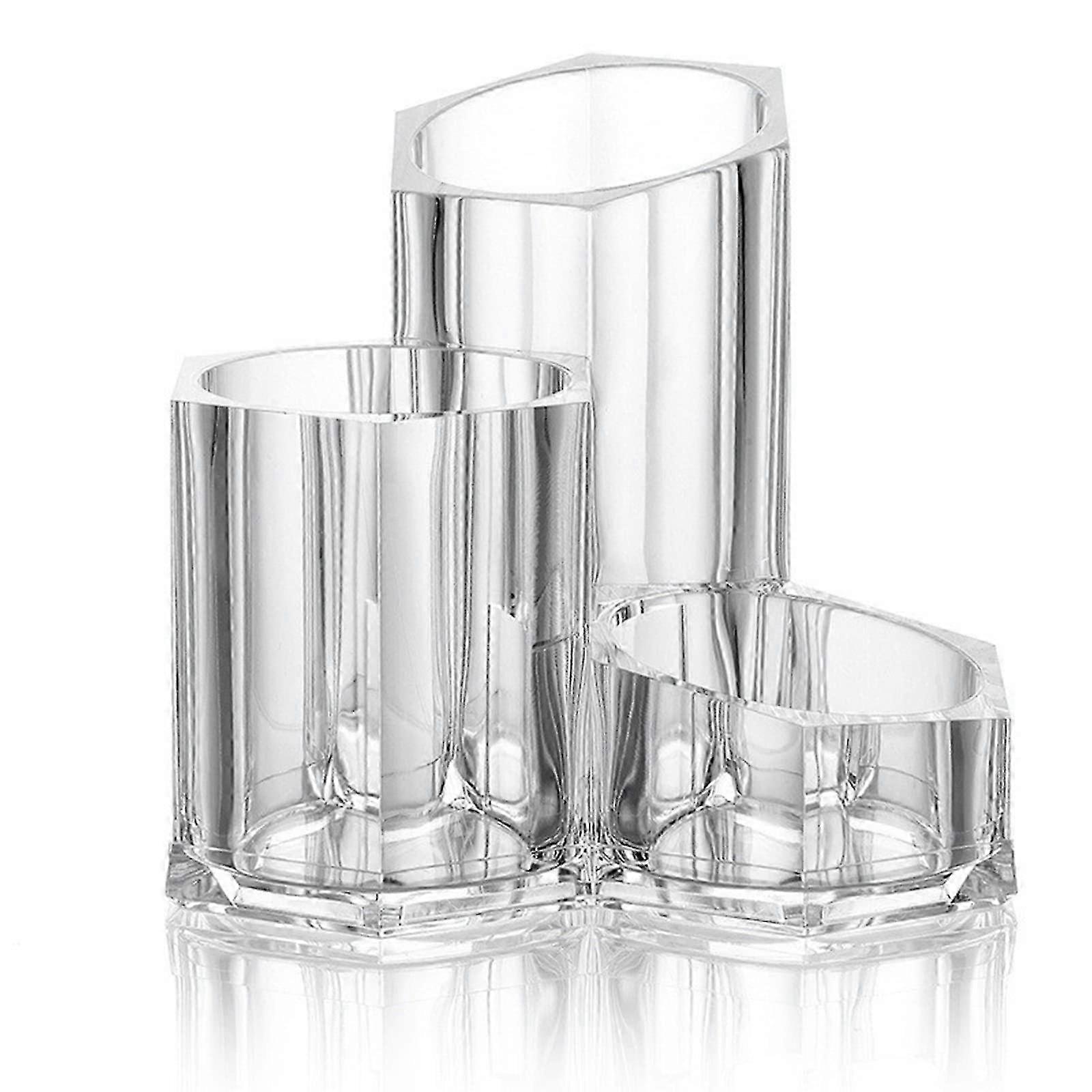 メイクアップオーガナイザーブラシホルダー3セクションアクリル化粧品収納ケーススタンドメイクアップ用、歯ブラシ、ペン、綿棒、透明、13.5cm * 13cm * 12cm --