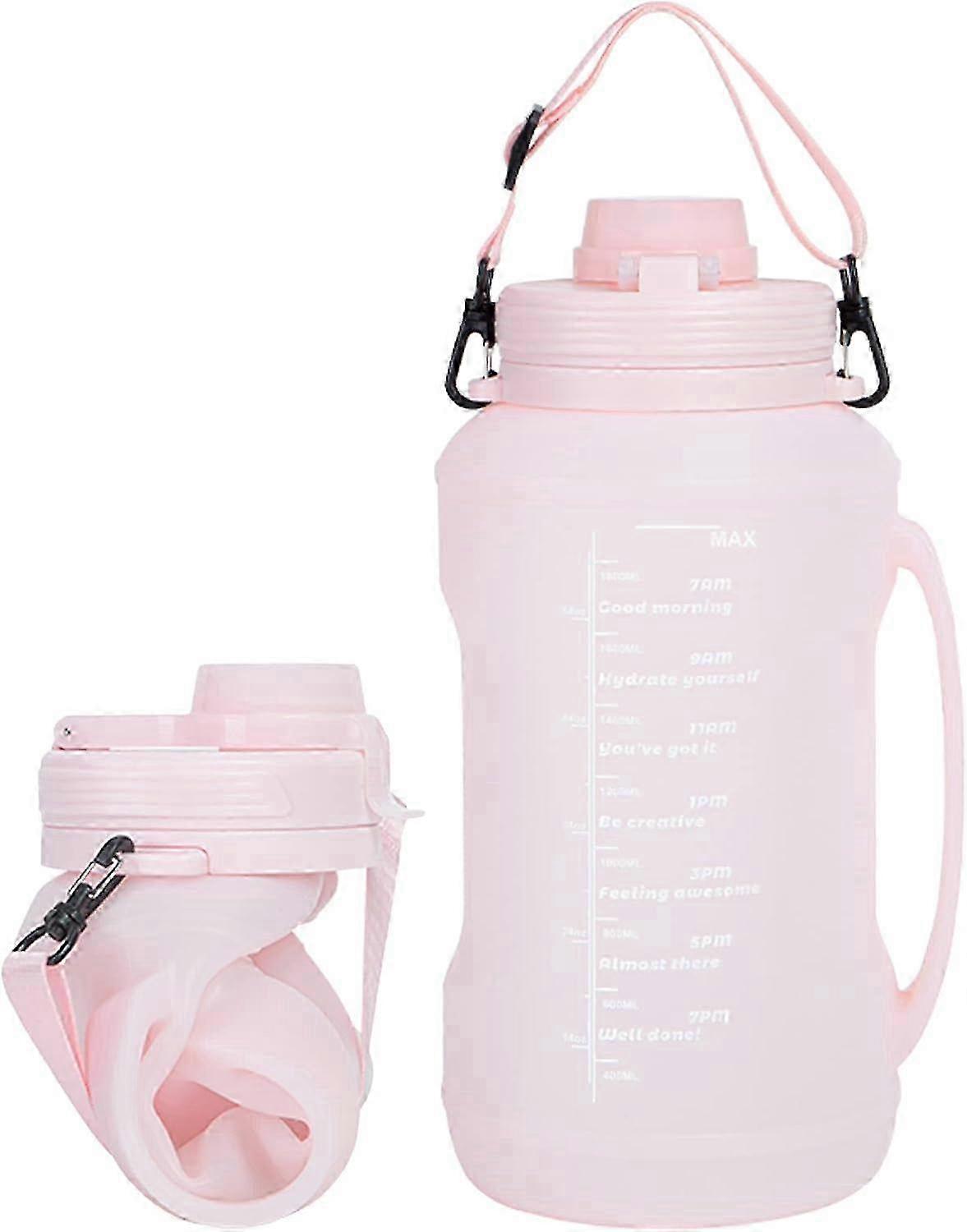 ストロー付き2L折りたたみ式ウォーターボトル、食品グレードのシリコン漏れ防止トラベルスポーツボトル-ピンク