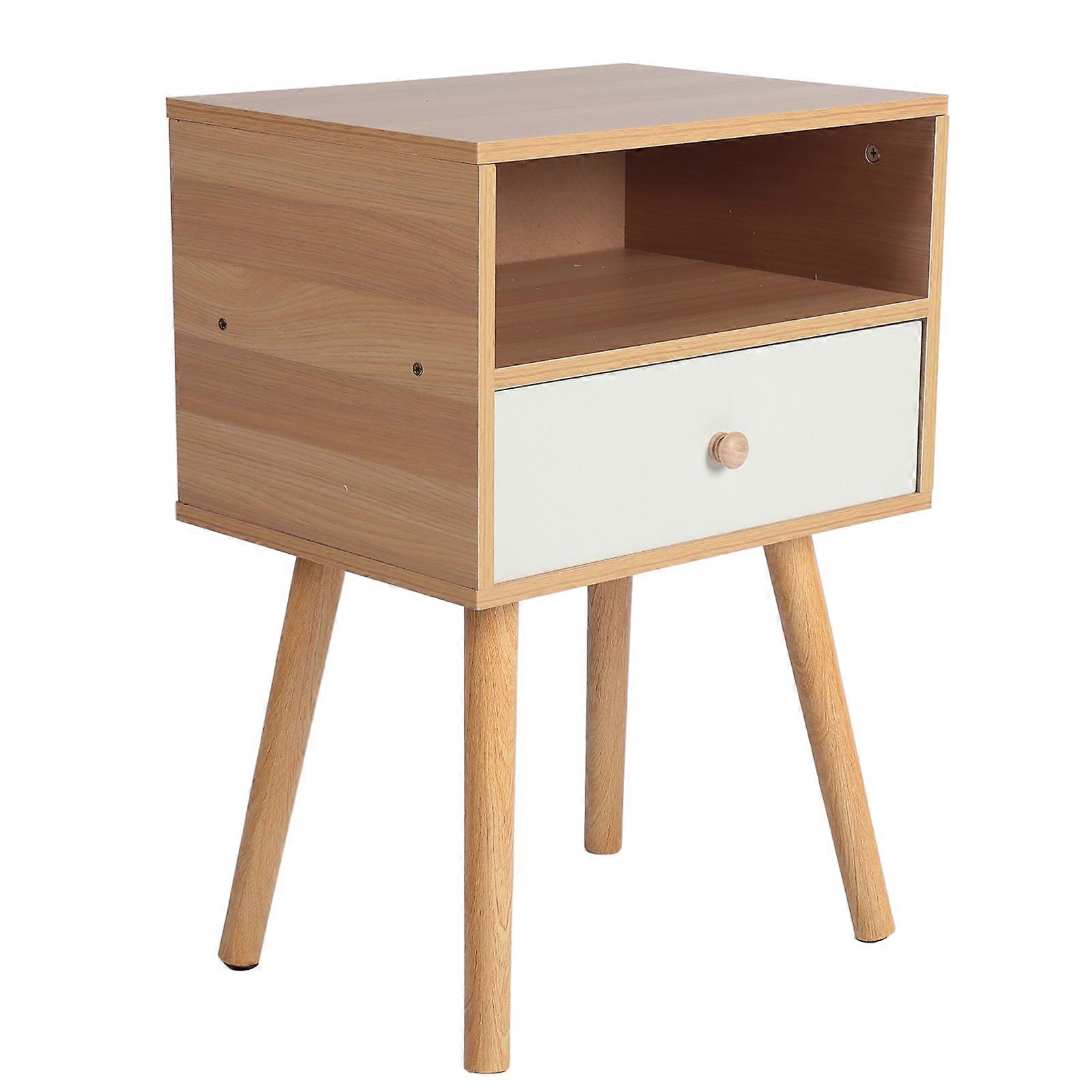 Mesa de Cabeceira Minimalista Moderna de Dupla Camada com Perna Elevada de Madeira com Gaveta para Quarto 
