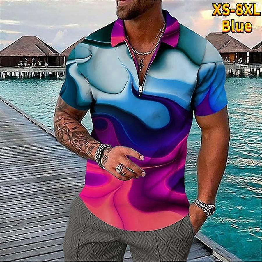 Camiseta casual com lapela, camiseta com zíper para jovens, camiseta de manga curta masculina com estampa policromática 3D.