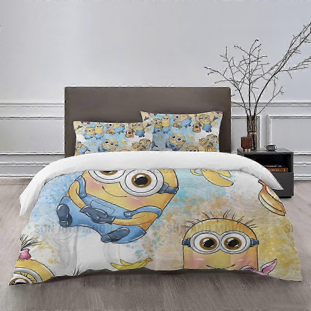 Conjunto de cama leve de 3 peças para crianças com design Minions, inclui 1 capa de edredom e 2 fronhas, ideal para meninos e meninas
