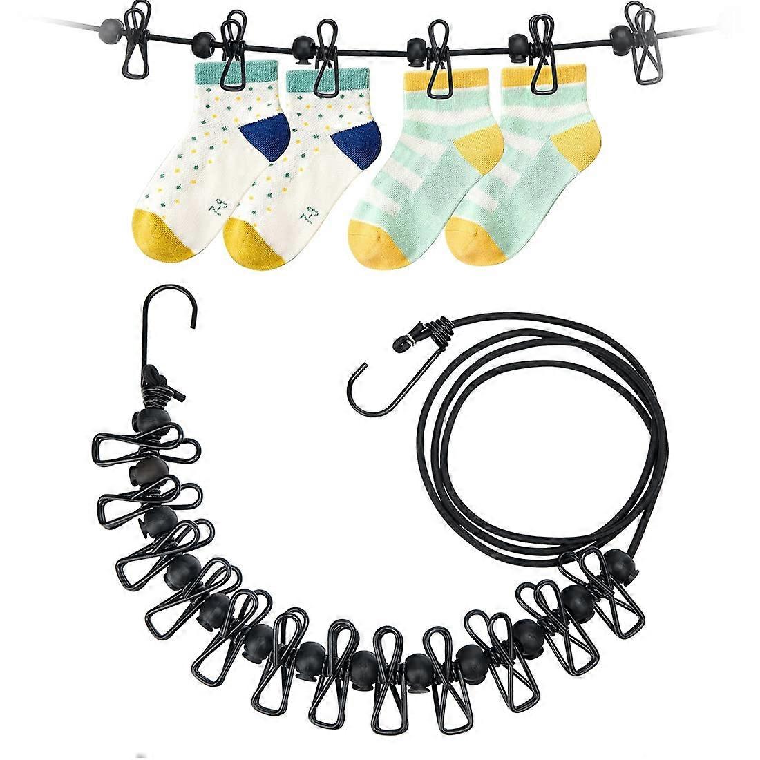 Washing Lines Pack of 2, Portable Elastic Outdoor Washing Line with 12 Clips, Windproof Non-Slip Design for Camping