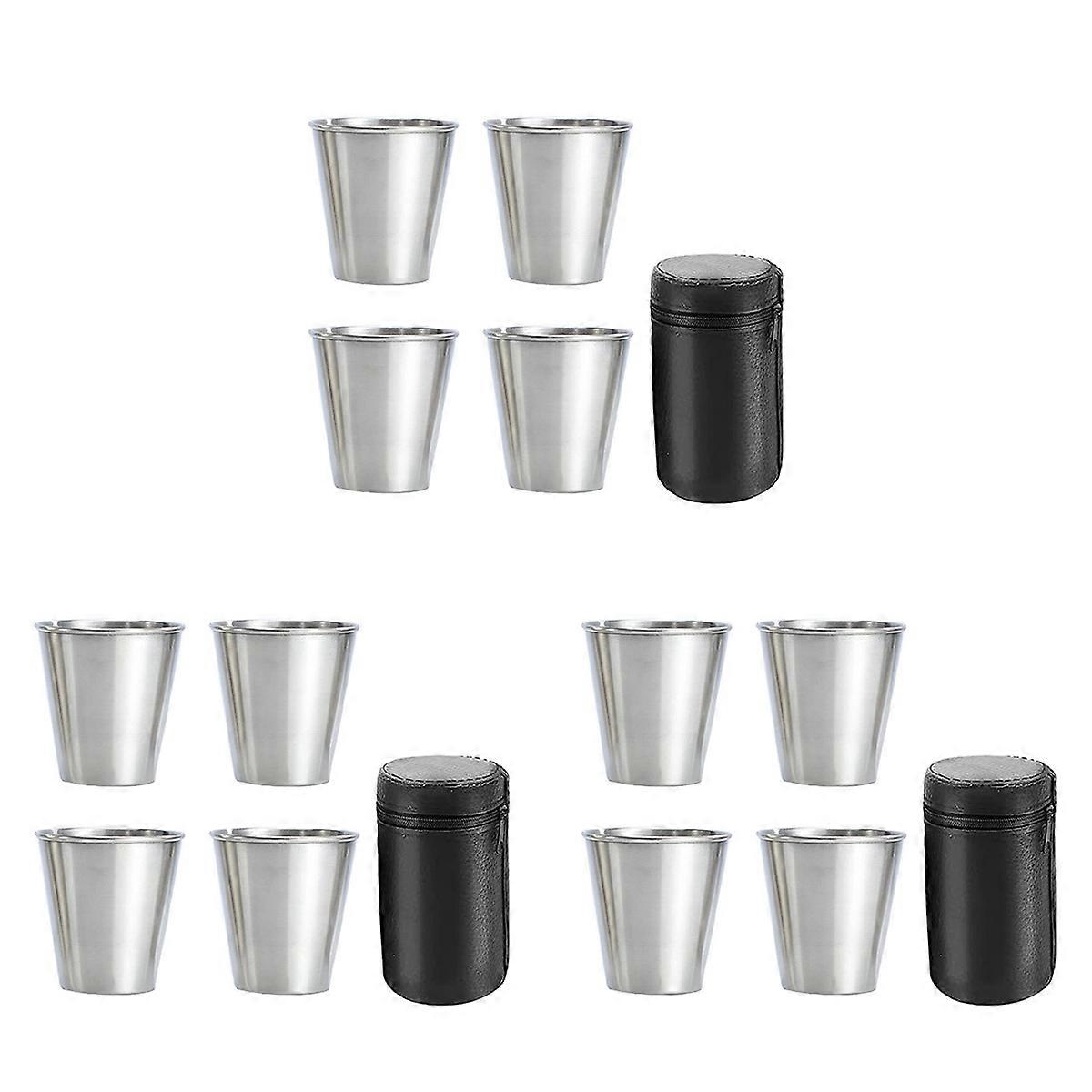 Stainless Steel Shot Cups, Set of 12 Cups, Metal Shot Glasses, Stackable, Hip Flask Small with Leath