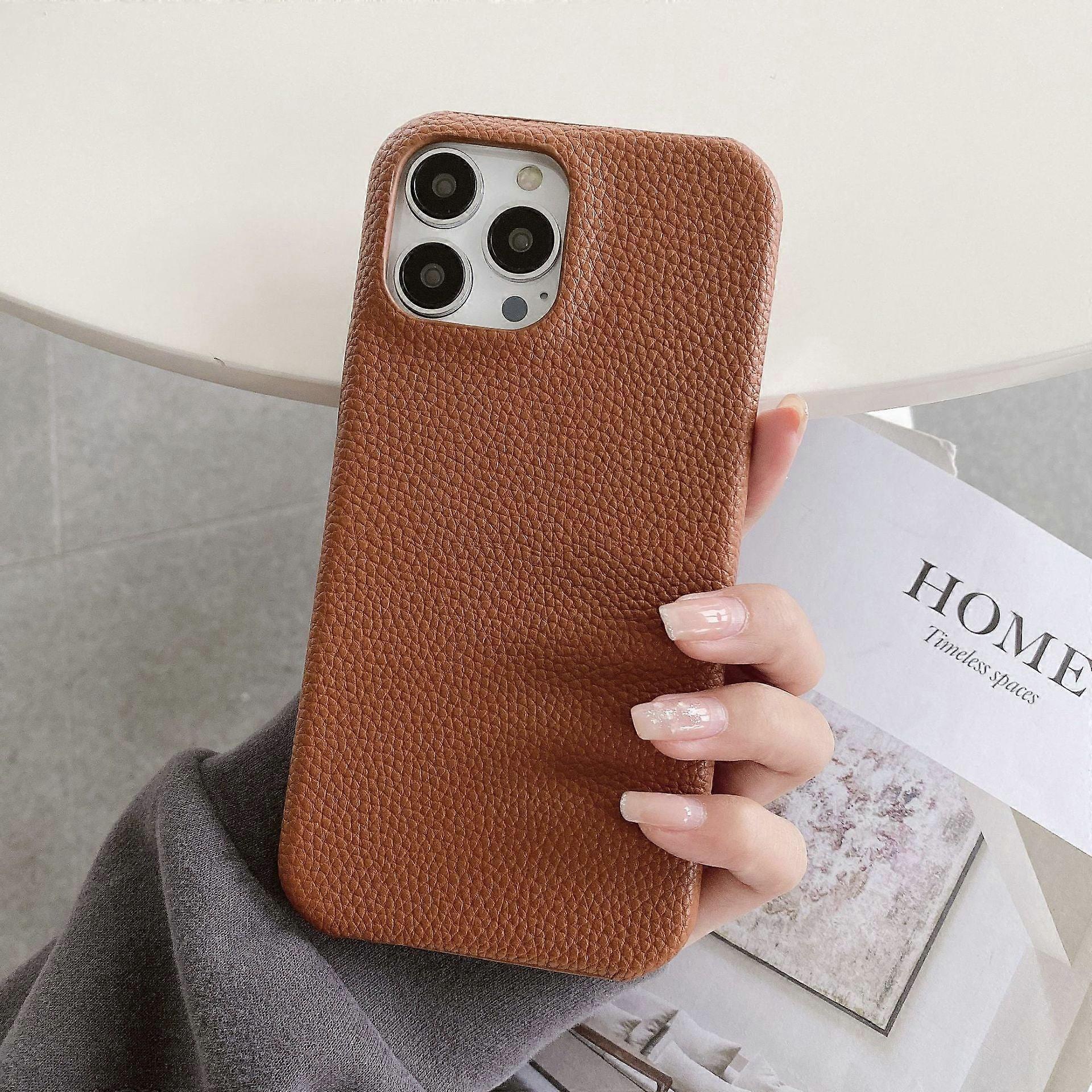 Iphone 13pro Max için Kahverengi Lychee Deri Hissi Kılıf