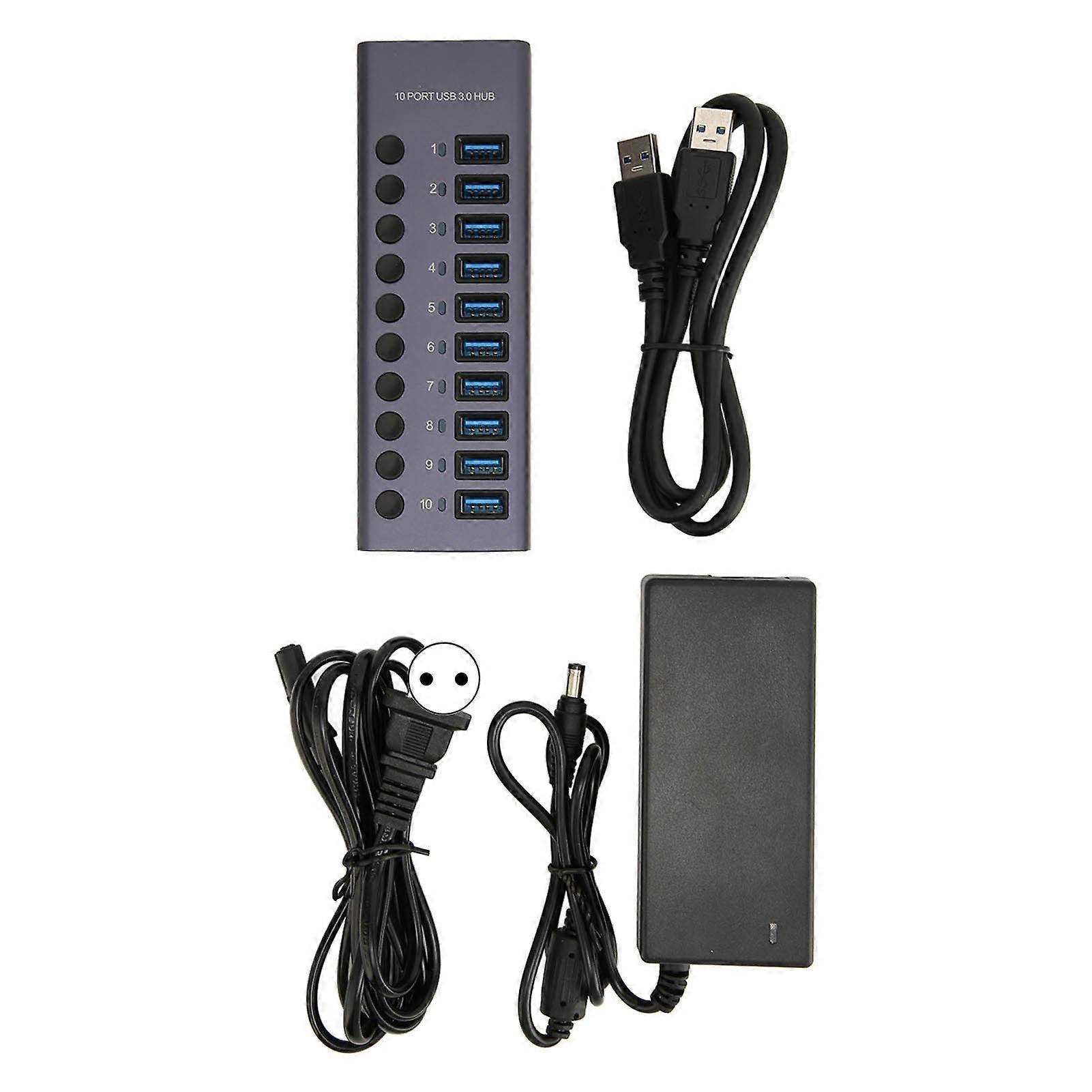 10 Port Powered USB 3.0 Hub, Individual Switch, Aluminum Alloy, 5Gbps Transmission, for PC, Laptop, HDD, EU Plug 100-240V