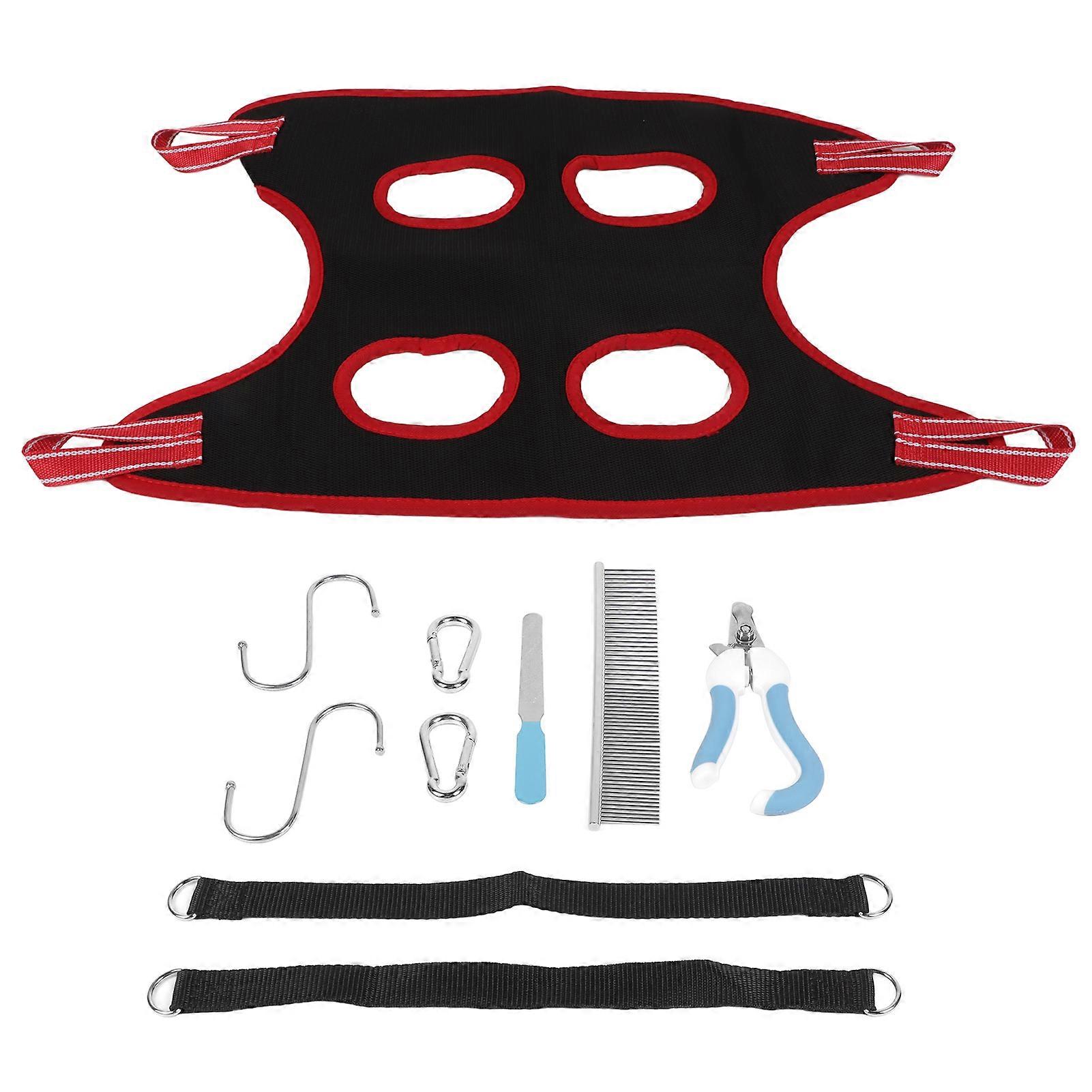 Dog Grooming Hammock Set Breathable Safe Restraint Bag Pet Grooming Sling with Nail Clipper Comb for Puppy Cat Black Red Edge 10 Piece Set M
